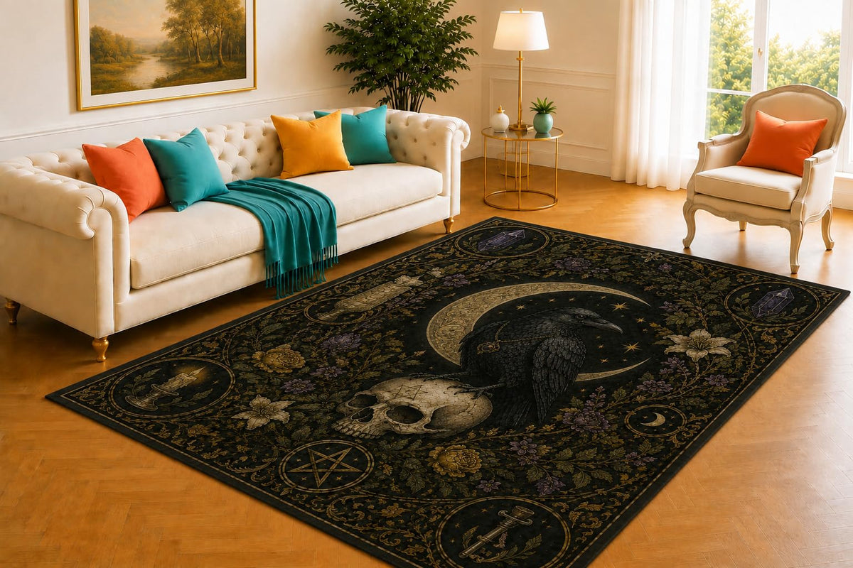 ICE ARMOR 5' x 7' Raven Skull Rug, Crescent Moon and Botanical Wreath Design, Smooth Printed Floor Cover for Bedroom, Study, Lounge and Gothic Home Decor