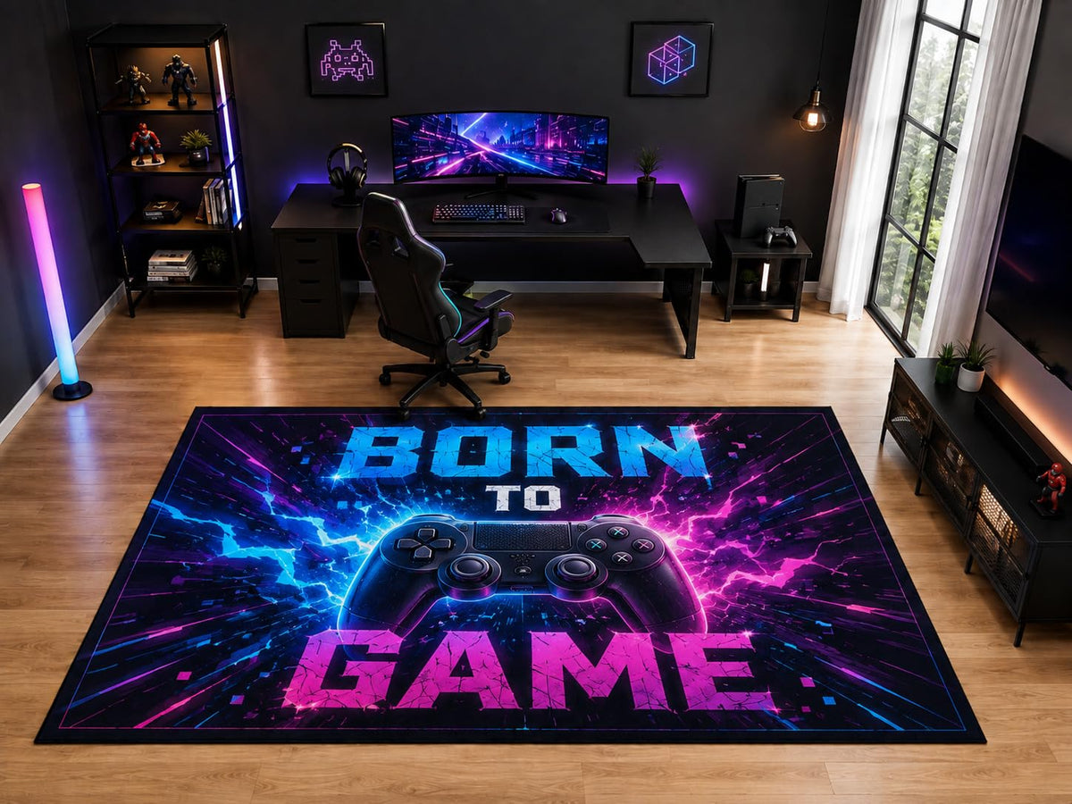 ICE ARMOR "Ultra Light Weight Large 6'7" x 9'10" Born to Game Controller Area Rug for Kids Room Playroom, Soft Low Pile Indoor Rug and Non-Slip Silicone Backing, Black
