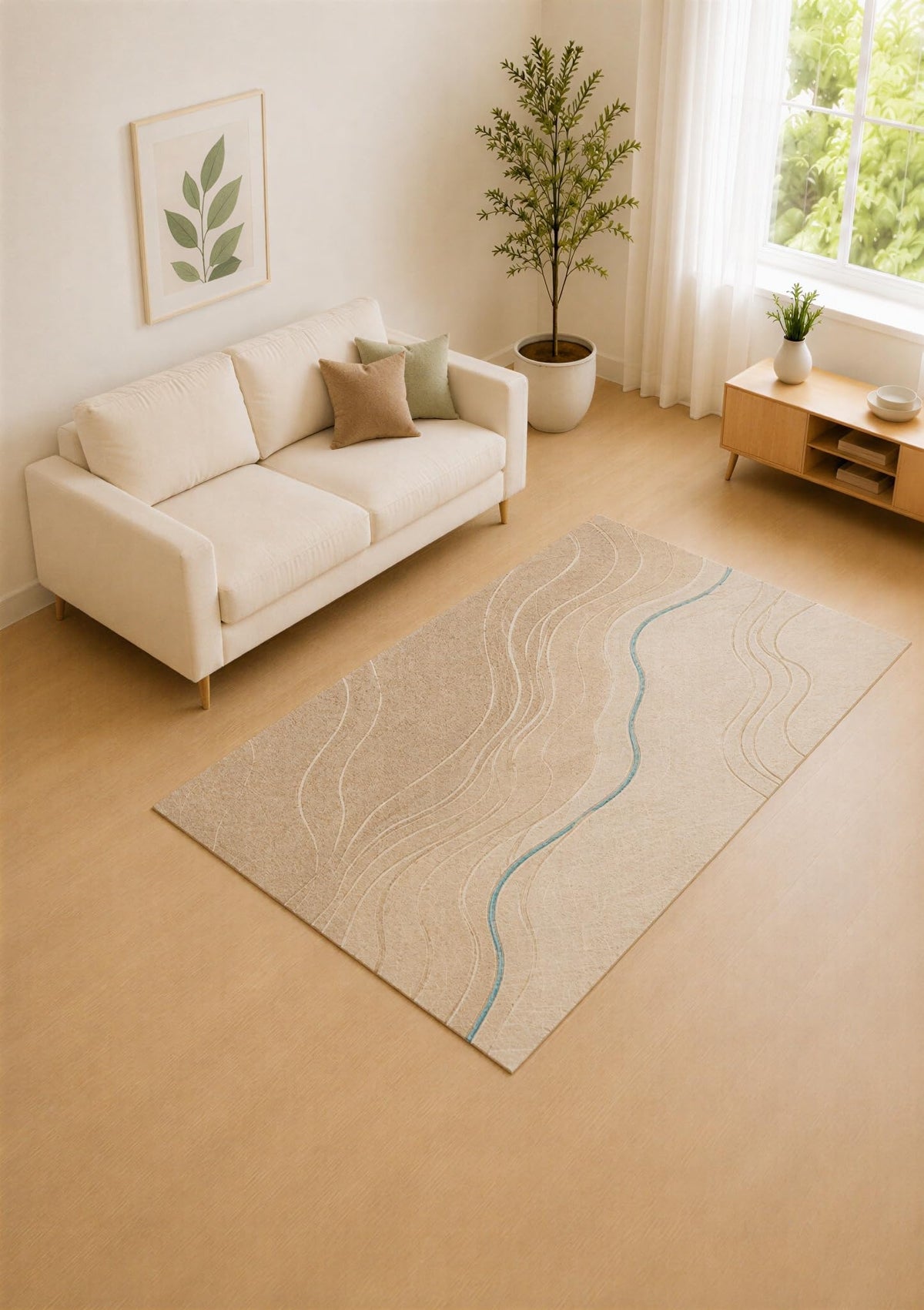 ICE ARMOR 5' x 7' Beige and Teal Minimal Waves Area Rug for Living Room, Soft Low Pile Carpet with Non-Slip Silicone Backing, Decor for Bedroom and Home Office