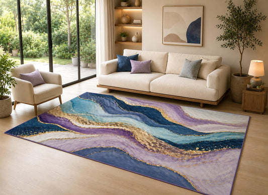 ICE ARMOR 6'7" x 9'10" Blue Purple Flow Area Rug for Living Room, Soft Low Pile Indoor Rug with Non-Slip Silicone Backing, Decorative Carpet for Bedroom, Dining Room and Office, Multicolored