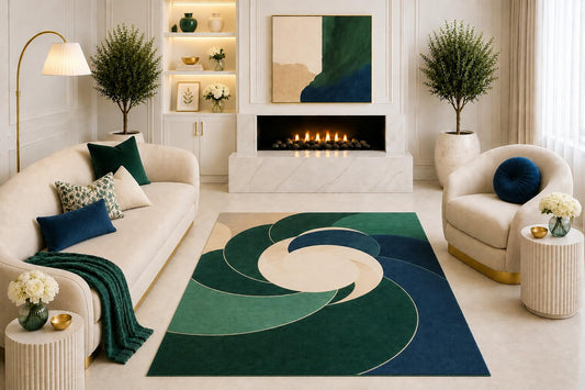ICE ARMOR "Ultra Light Weight 5' x 7' Emerald Green Navy Abstract Area Rug, Modern Spiral Geometric Design for Living Room Bedroom Dining Room Office, Non-Slip Silicone Backing Low Pile