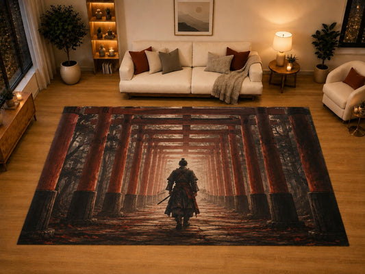 ICE ARMOR "Ultra Light Weight Large 6'7" x 9'10" Torii Path Swordsman Area Rug for Living Room Bedroom Dining Area, Soft Low Pile Non-Slip Backing, Red Black Beige Asian Inspired Decor