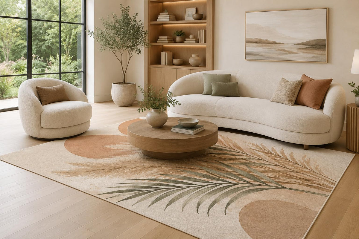 ICE ARMOR 6'7" x 9'10" Cream Terracotta and Sage Botanical Area Rug with Palm Fronds and Pampas Grass, Soft Low Pile Non-Slip Indoor Carpet for Living Room, Bedroom, Dining Room