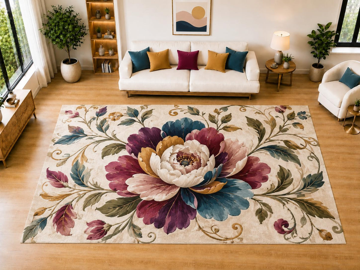 ICE ARMOR "Ultra Light Weight Large 6'7" x 9'10" Peony Vine Area Rug for Living Room Bedroom Dining Room, Soft Low Pile Non-Slip Backing, Burgundy Teal Cream Olive Floral Decor