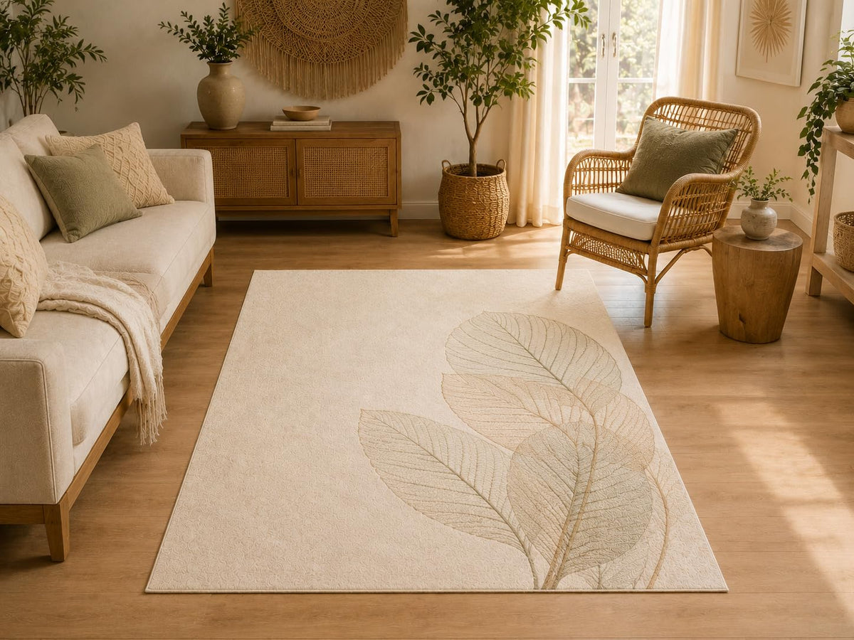 ICE ARMOR 5' x 7' Botanical Leaf Area Rug, Soft Low Pile Indoor Rug with Non-Slip Silicone Backing for Living Room, Bedroom, Dining Room, Office, Ivory