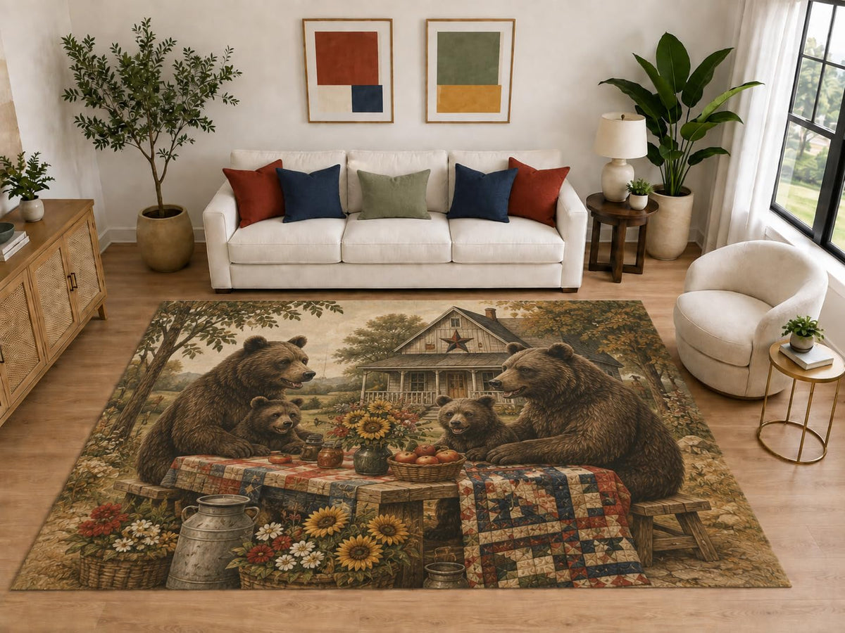 ICE ARMOR "Ultra Light Weight Large 6'7" x 9'10" Bear Family Picnic Area Rug, Soft Low Pile Indoor Rug, Non-Slip Silicone Backing, Family Room, Brown