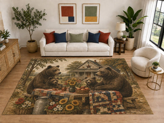 ICE ARMOR "Ultra Light Weight Large 6'7" x 9'10" Bear Family Picnic Area Rug, Soft Low Pile Indoor Rug, Non-Slip Silicone Backing, Family Room, Brown