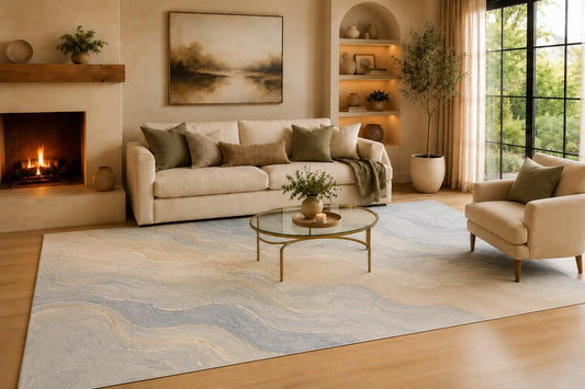 ICE ARMOR Large 6'7" x 9'10" Blue and Cream Serene Mineral Waves Area Rug for Living Room, Soft Low Pile Carpet with Non-Slip Backing for Bedroom, Dining Room and Office