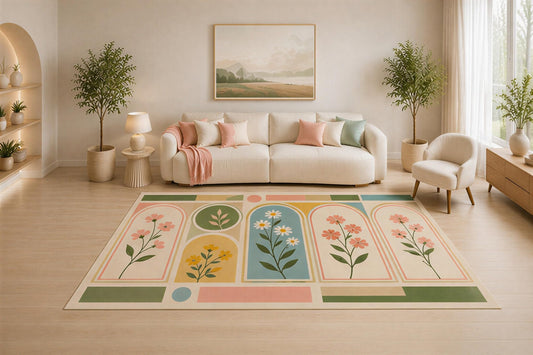 ICE ARMOR 5' x 7' Cottagecore Floral Area Rug, Botanical Window Panel Wildflower Design for Living Room Bedroom Nursery, Non-Slip Silicone Backing, Low Pile Carpet