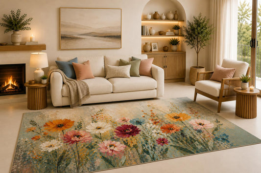 ICE ARMOR 6'7" x 9'10" Garden Flower Field Area Rug for Living Room, Soft Low Pile Indoor Rug with Non-Slip Silicone Backing, Decorative Carpet for Bedroom, Dining Room and Office, Multicolored