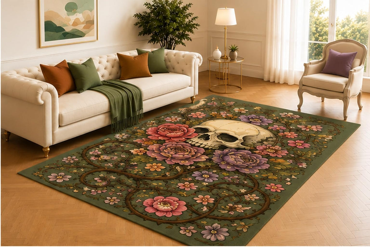 ICE ARMOR 5' x 7' Skull Rose Vine Rug, Sage Green Botanical Pattern with Purple Flowers and Twisting Branches, Gothic Floor Accent for Bedroom, Office or Den