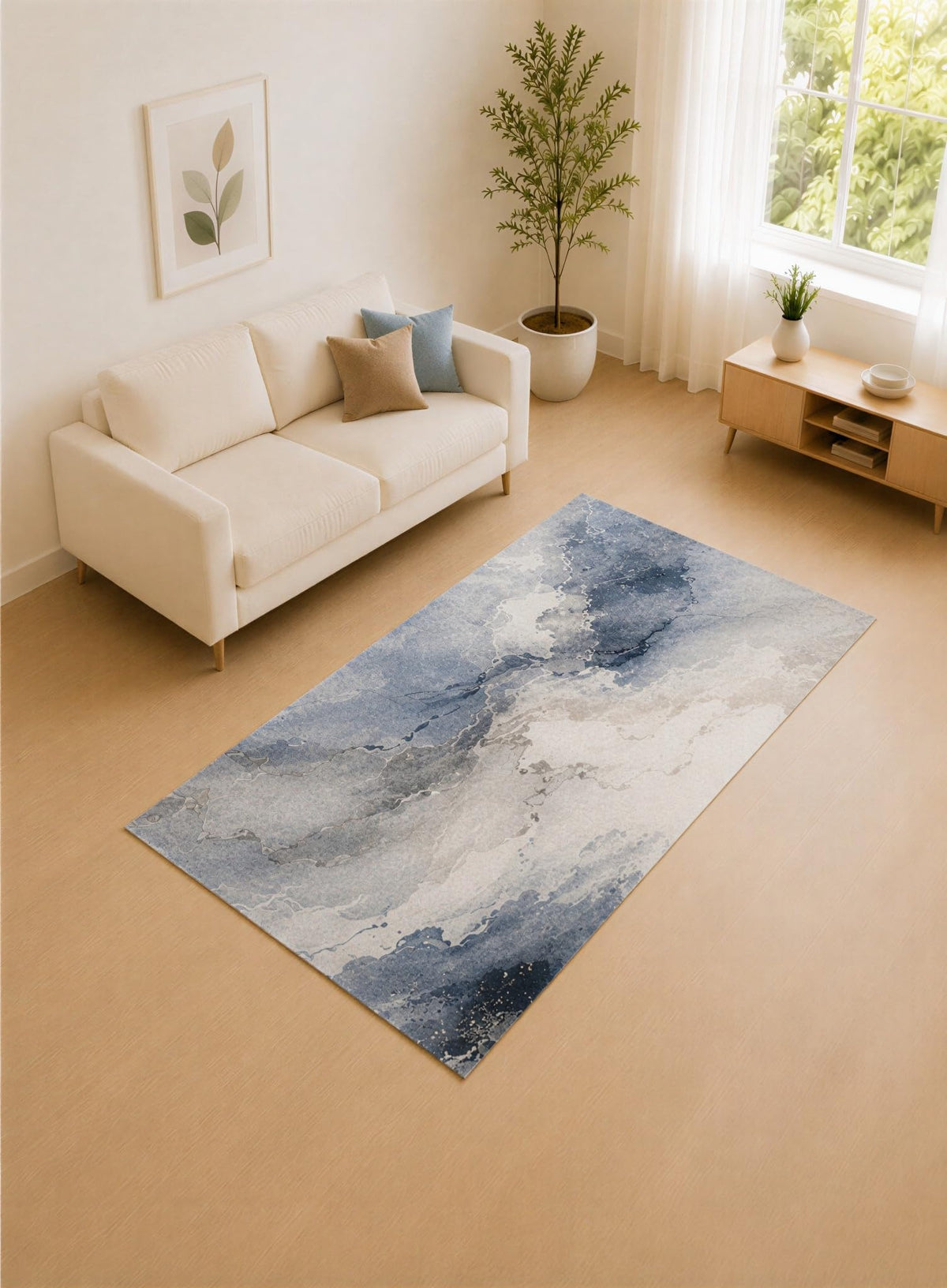 ICE ARMOR 5' x 7' Soft Blue and Ivory Cloud Drift Area Rug for Living Room, Soft Low Pile Carpet with Non-Slip Silicone Backing, Decor for Bedroom and Home Office