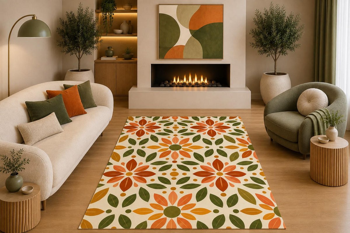 ICE ARMOR 5' x 7' Retro Botanical Floral Area Rug Mid Century Leaf and Flower Pattern Cream Orange Olive Green for Living Room Bedroom Dining Room Non-Slip Silicone Backing Low Pile