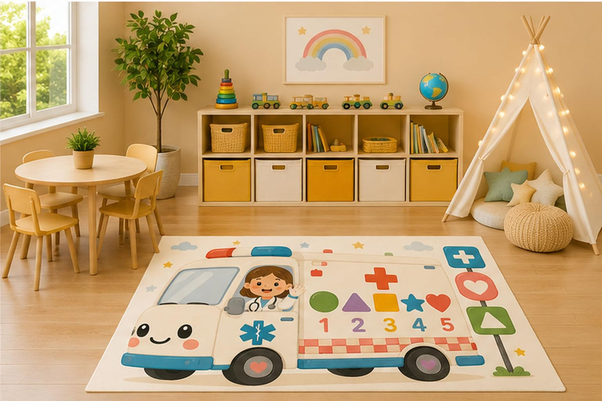 ICE ARMOR 5' x 7' Ambulance Area Rug, Educational Community Helpers Shapes and Numbers Learning Play Mat for Kids Nursery Classroom Playroom, Non-Slip Silicone Backing Low Pile