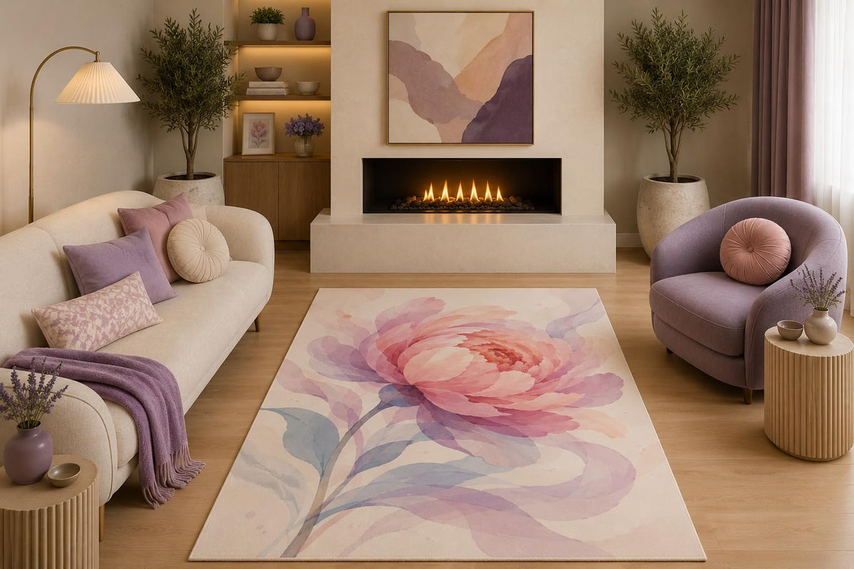 ICE ARMOR 5' x 7' Watercolor Peony Floral Area Rug Romantic Pink Purple Botanical Flower Design for Living Room Bedroom Nursery Non-Slip Silicone Backing Low Pile