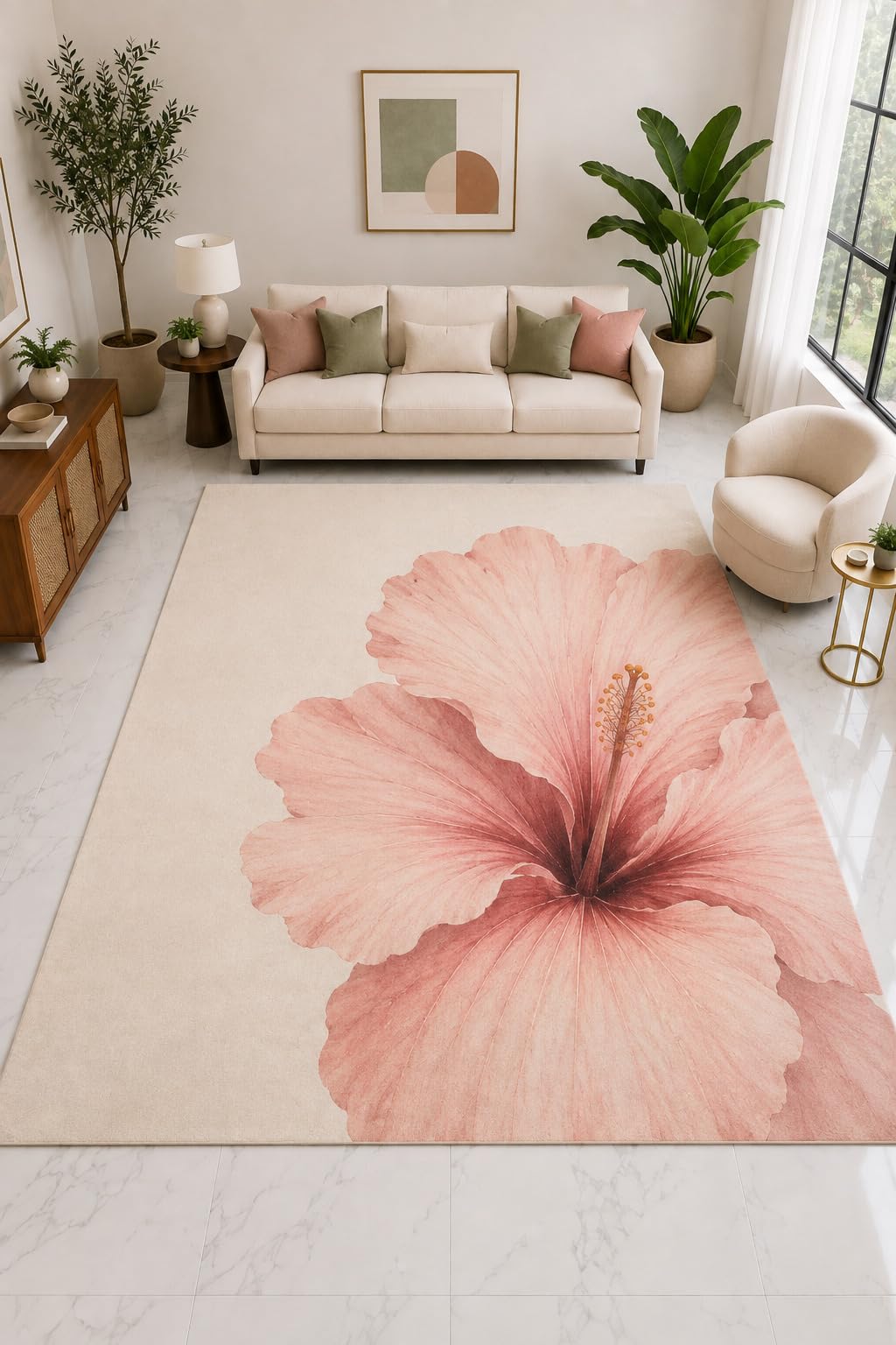 ICE ARMOR "Ultra Light Weight Large 6'7" x 9'10" Hibiscus Flower Rug, Soft Low Pile Indoor Rug, Non-Slip Silicone Backing for Living Room Pink