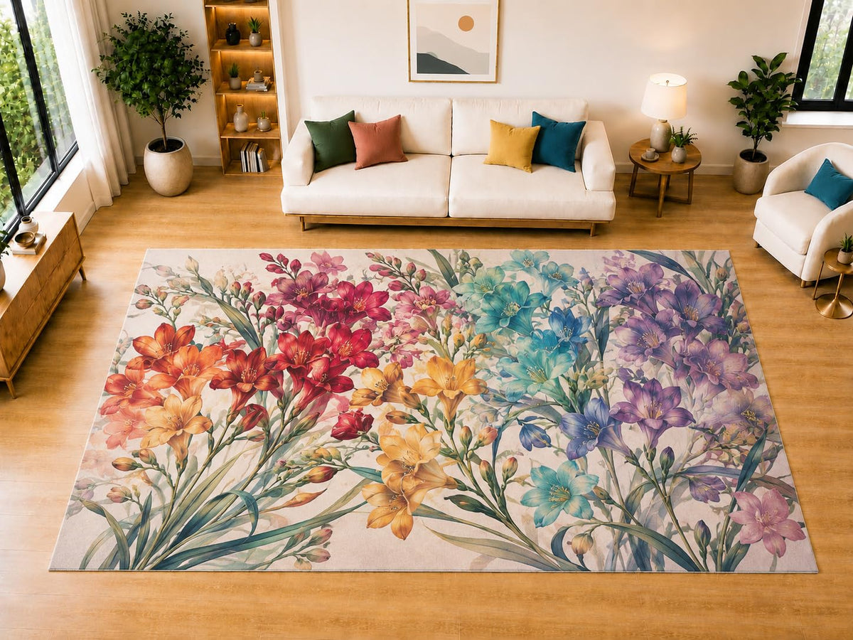 ICE ARMOR "Ultra Light Weight Large 6'7" x 9'10" Garden Lily Area Rug for Living Room Bedroom Dining Room, Soft Low Pile Non-Slip Backing, Red Orange Teal Purple Botanical Decor
