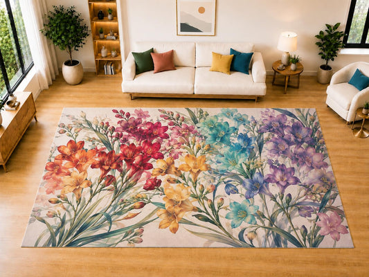 ICE ARMOR "Ultra Light Weight Large 6'7" x 9'10" Garden Lily Area Rug for Living Room Bedroom Dining Room, Soft Low Pile Non-Slip Backing, Red Orange Teal Purple Botanical Decor