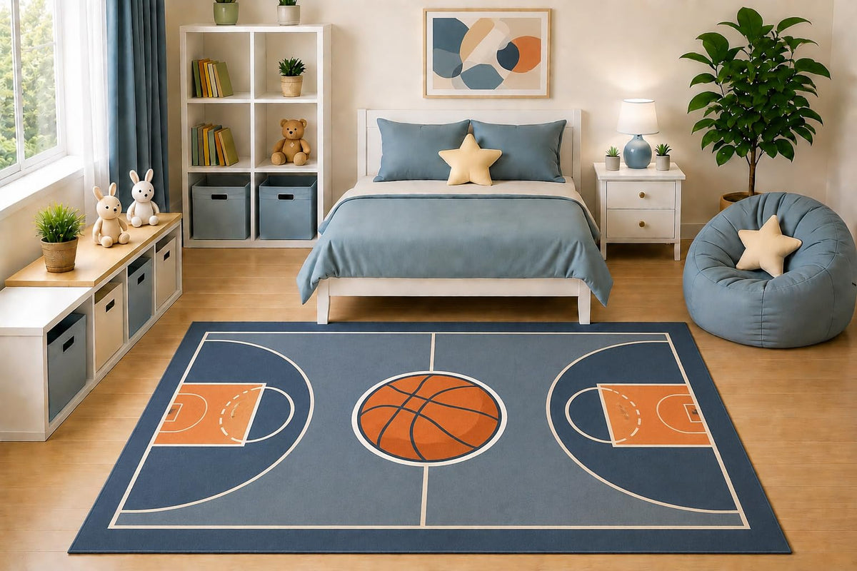 ICE ARMOR 5' x 7' Kids Area Rug Basketball Court Rug Modern Sports Ball Bedroom Playroom Decor for Boys Game Room Nursery Non-Slip Silicone Backing Low Pile