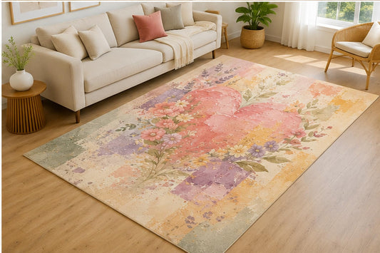 ICE ARMOR 5' x 7' Watercolor Floral Heart Area Rug for Living Room, Soft Low Pile Indoor Rug with Non-Slip Silicone Backing, Decorative Carpet for Bedroom, Family Room, Nursery, Cream Multicolor