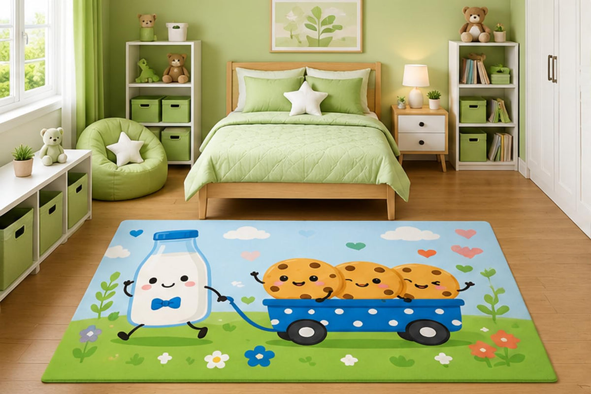 ICE ARMOR 5' x 7' Cute Milk Wagon with Cookies Area Rug for Kids Bedroom Nursery Playroom Scandinavian Minimalist Kawaii Dessert Decor Non-Slip Silicone Backing Low Pile