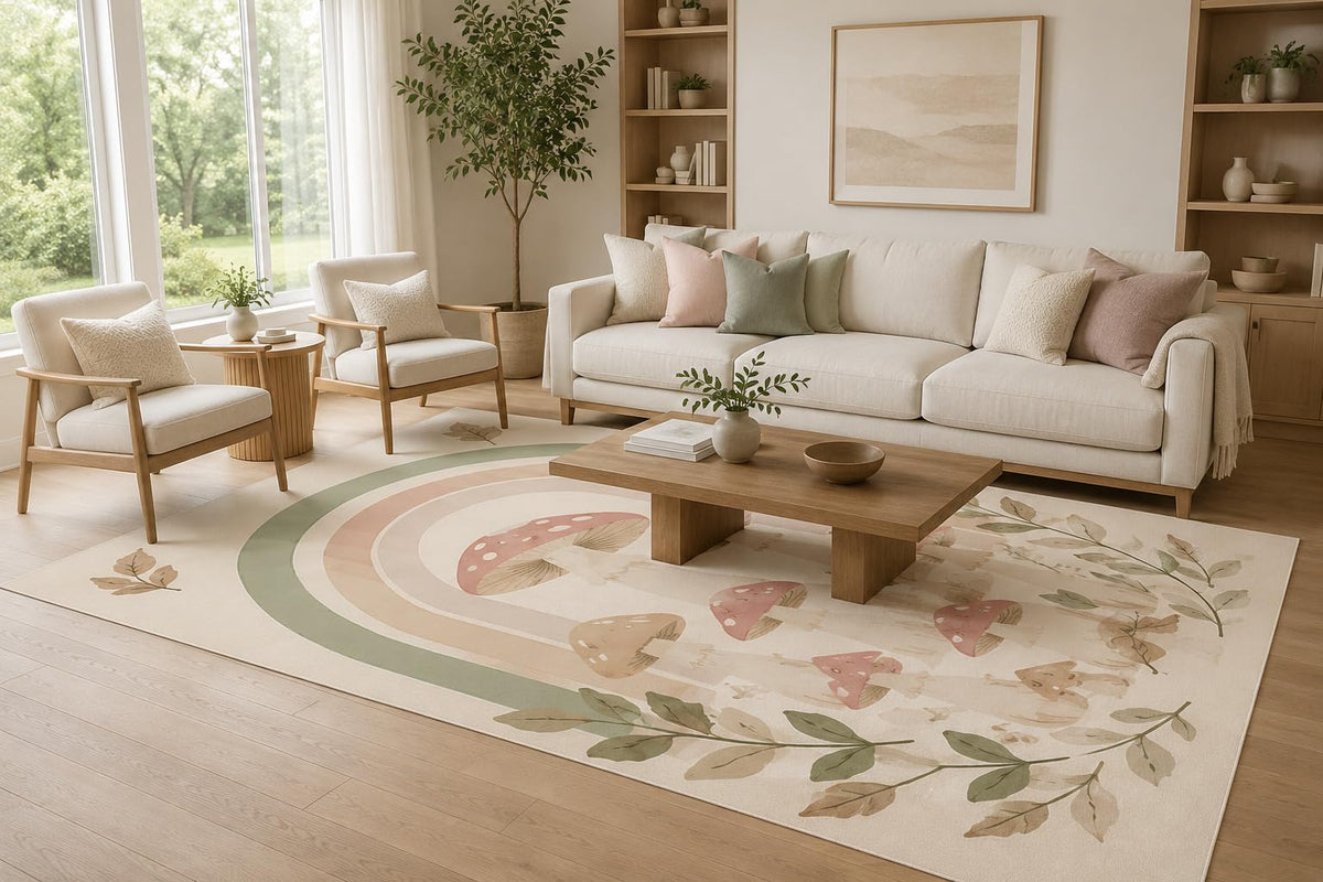 ICE ARMOR Large 6'7" x 9'10" Blush and Sage Mushroom Arches Area Rug for Living Room, Soft Low Pile Carpet with Non-Slip Silicone Backing, Decor for Bedroom, Dining Area and Home Office