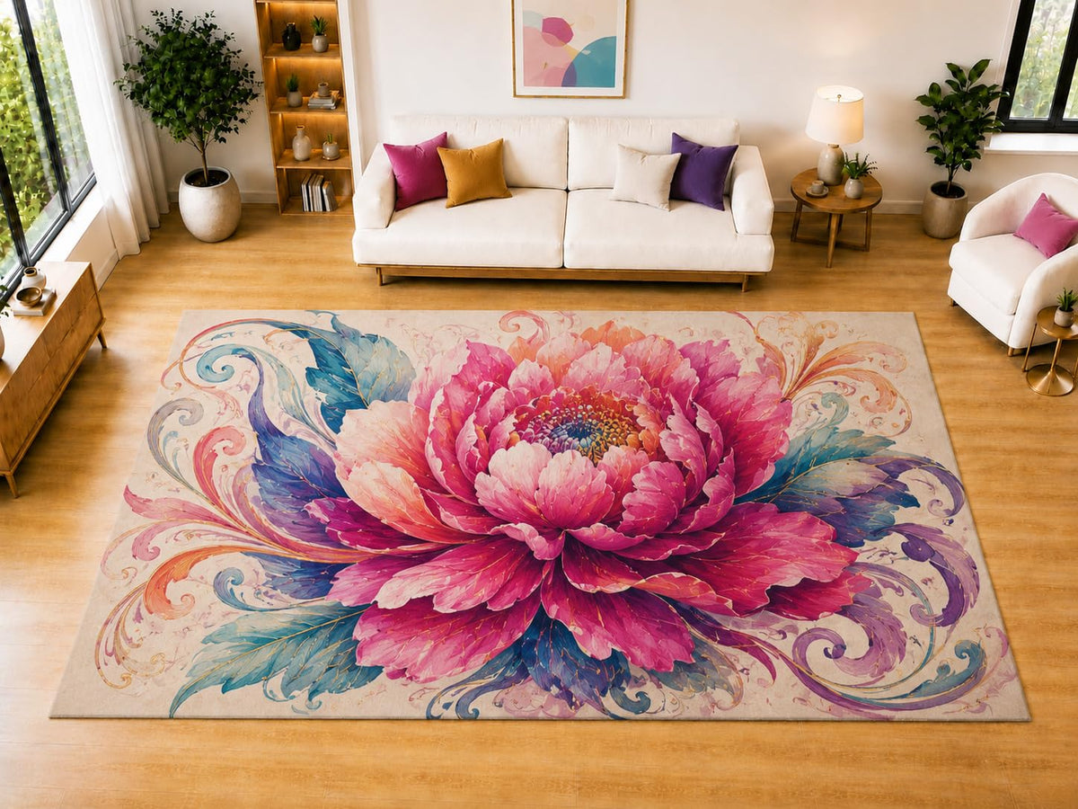 ICE ARMOR "Ultra Light Weight Large 6'7" x 9'10" Peony Scroll Area Rug for Living Room Bedroom Dining Room, Soft Low Pile Non-Slip Backing, Pink Teal Purple Orange Floral Decor