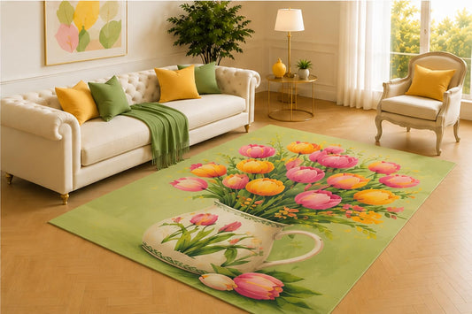 ICE ARMOR 5' x 7' Tulip Pitcher Rug, Pink and Orange Flowers in a Cream Ceramic Jug, Fresh Spring Decor for Kitchen, Dining Room, Sunroom or Cottage Bedroom