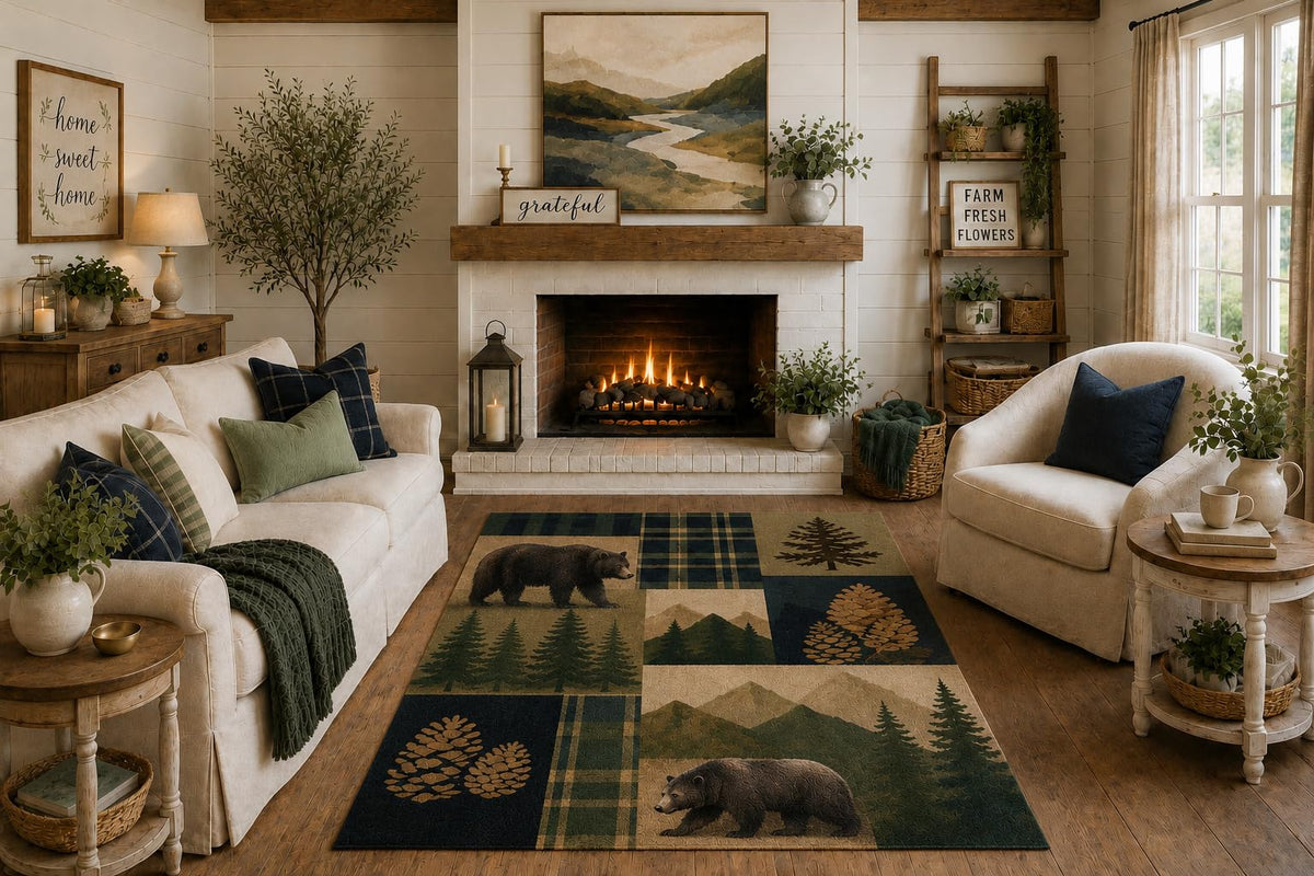 ICE ARMOR "Ultra Light Weight 5' x 7' Rustic Bear Patchwork Area Rug, Pine Cone Plaid Mountain Forest Design for Living Room Cabin Bedroom, Non-Slip Silicone Backing Low Pile