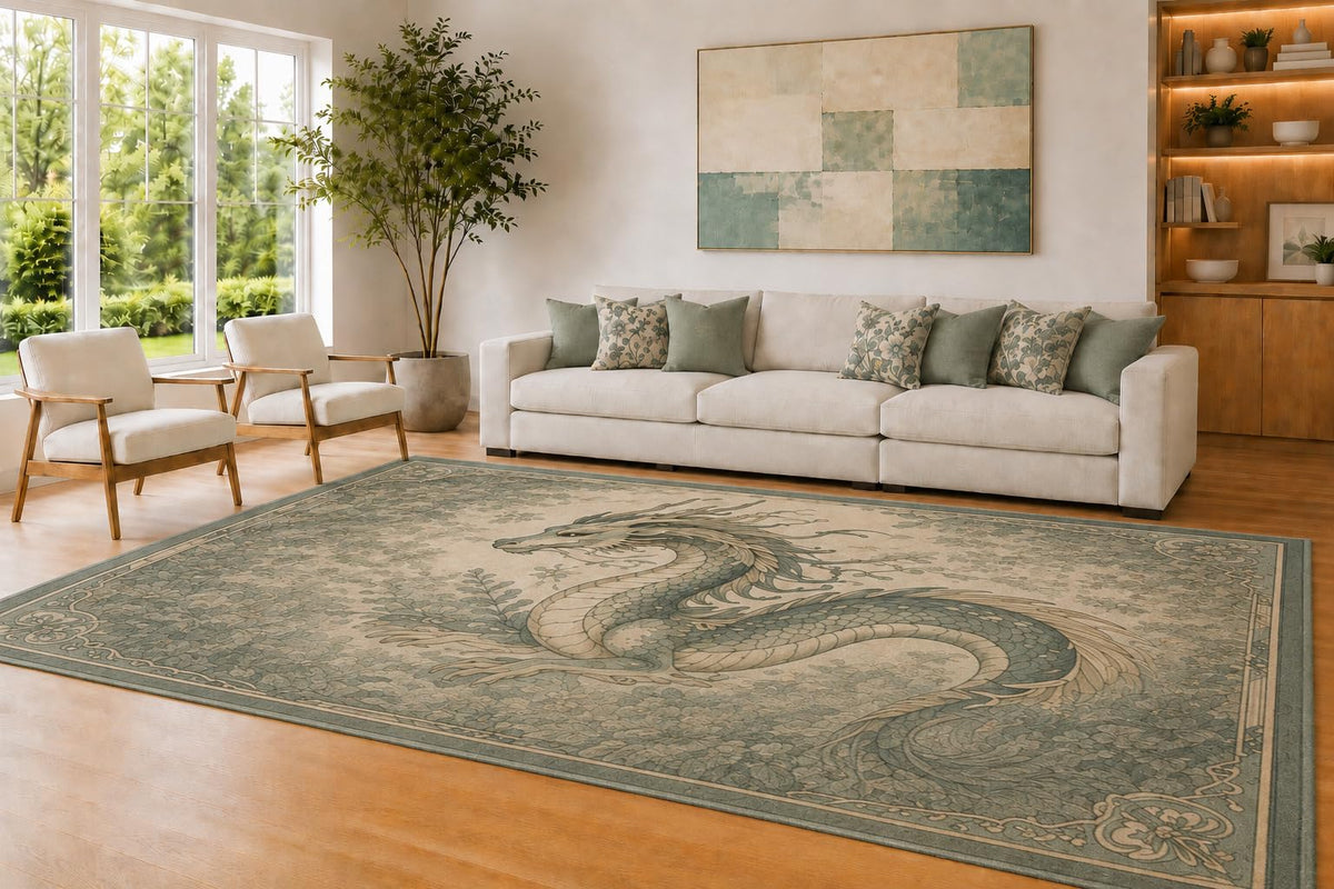 ICE ARMOR Large 6'7" x 9'10" Sage Green and Cream Ornate Dragon Area Rug for Living Room, Soft Low Pile Carpet with Non-Slip Silicone Backing, Decor for Bedroom and Home Office