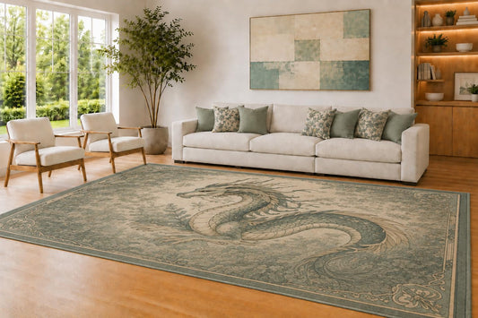 ICE ARMOR Large 6'7" x 9'10" Sage Green and Cream Ornate Dragon Area Rug for Living Room, Soft Low Pile Carpet with Non-Slip Silicone Backing, Decor for Bedroom and Home Office