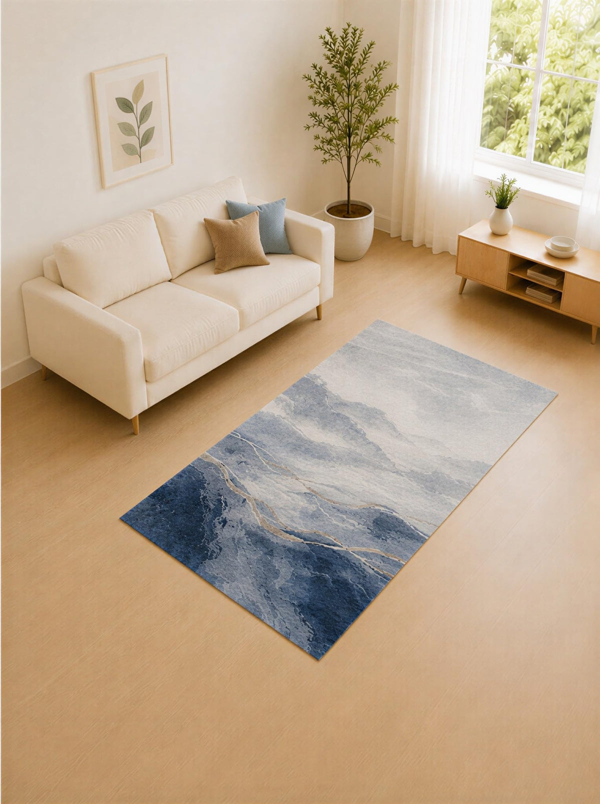 ICE ARMOR 5' x 7' Blue Gray and Ivory Marble Layers Area Rug for Living Room, Soft Low Pile Carpet with Non-Slip Silicone Backing, Decor for Bedroom and Home Office