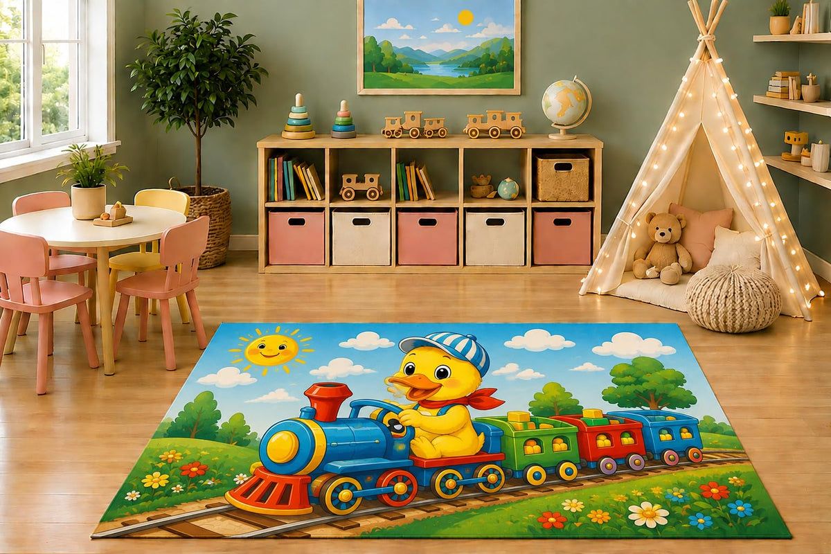 ICE ARMOR 5' x 7' Duck Train Adventure Area Rug, Cute Cartoon Train Railway Toddler Kids Playroom Nursery Bedroom Decor, Non-Slip Silicone Backing Low Pile