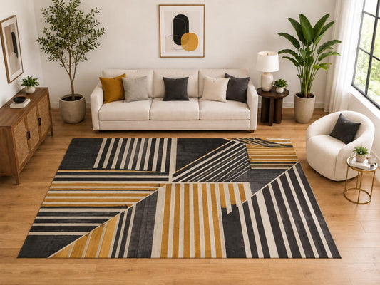 ICE ARMOR Large 6'7" x 9'10" Modern Geometric Stripe Area Rug for for Bedroom, Living Room, Soft Low Pile Indoor Rug with Non-Slip Silicone Backing, Mustard Charcoal Ivory