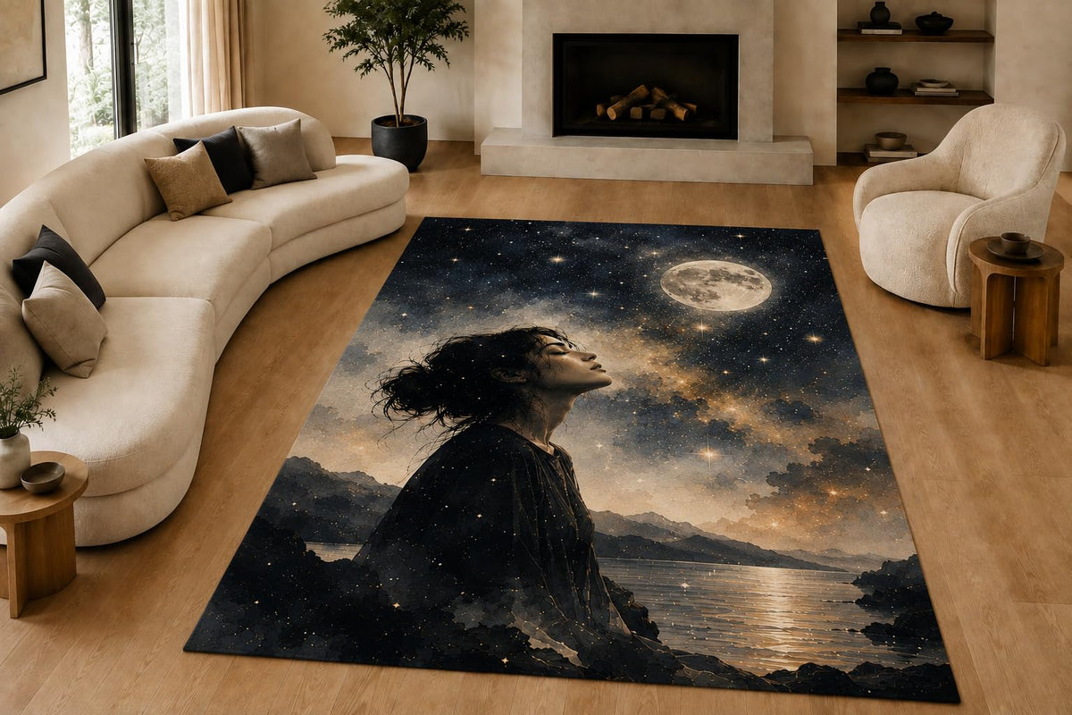 ICE ARMOR "Ultra Lightweight Large 6'7" x 9'10" Moonlit Woman Area Rug for Living Room, Bedroom and Home Office, Soft Low Pile Carpet with Non-Slip Silicone Backing, Black and Beige