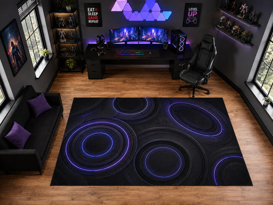 ICE ARMOR "Ultra Light Weight Large 6'7" x 9'10" Neon Circular Ring Pattern Area Rug for Playroom Decor, Soft Low Pile Indoor Rug with Non-Slip Silicone Backing, Black Purple Blue