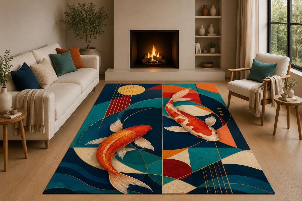 ICE ARMOR 5' x 7' Geometric Koi Fish Area Rug with Non-Slip Silicone Backing Low Pile Soft Carpet for Living Room Bedroom Office Modern Japanese Art Decor