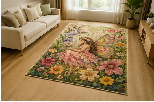 ICE ARMOR 5' x 7' Butterfly Fairy Flower Garden Area Rug for Living Room, Soft Low Pile Indoor Rug with Non-Slip Silicone Backing, Whimsical Decor for Bedroom, Nursery, Kids Room, Pastel Multicolor