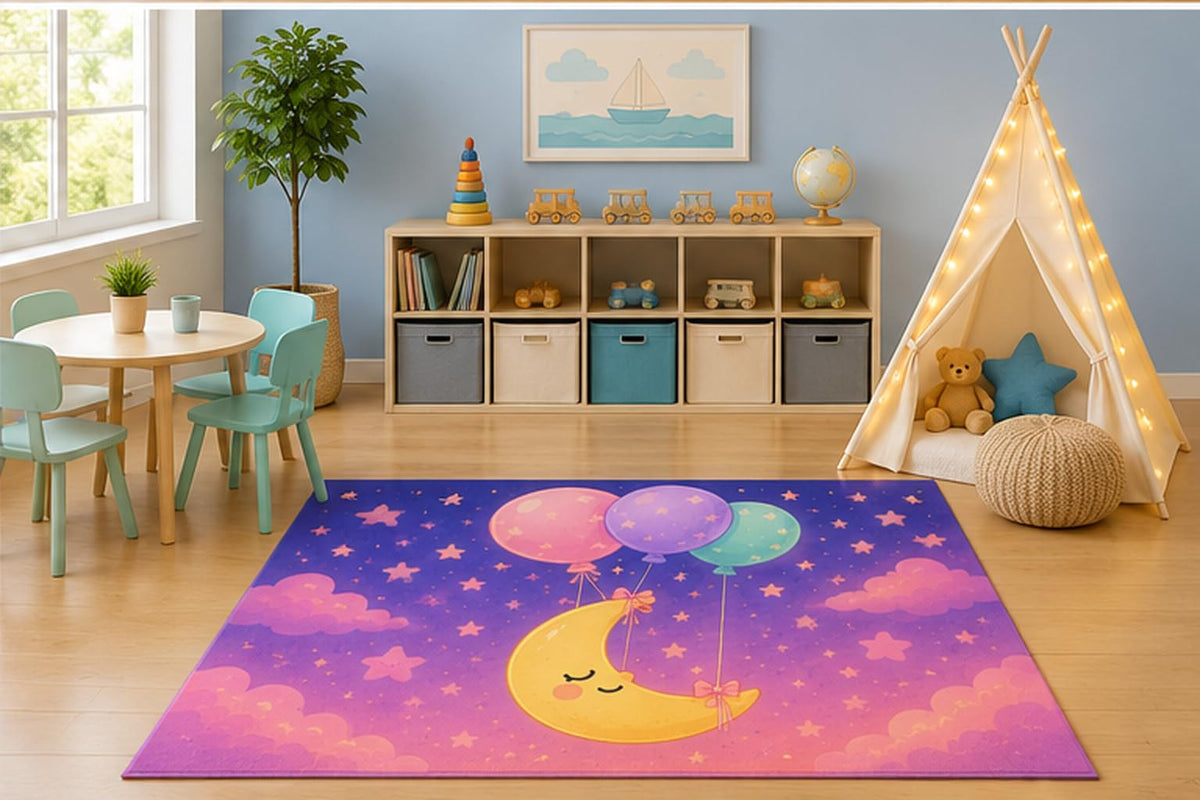 ICE ARMOR 5' x 7' Moon Balloon Dreams Kids Area Rug, Cute Crescent Moon Floating Balloons Kawaii Cartoon Playroom Nursery Bedroom Decor, Non-Slip Silicone Backing Low Pile