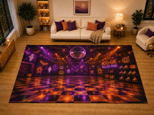 ICE ARMOR "Ultra Light Weight Large 6'7" x 9'10" Halloween Roller Rink Area Rug for Living Room Bedroom Dining Area, Soft Low Pile Non-Slip Backing, Purple Orange Black Retro Party Decor