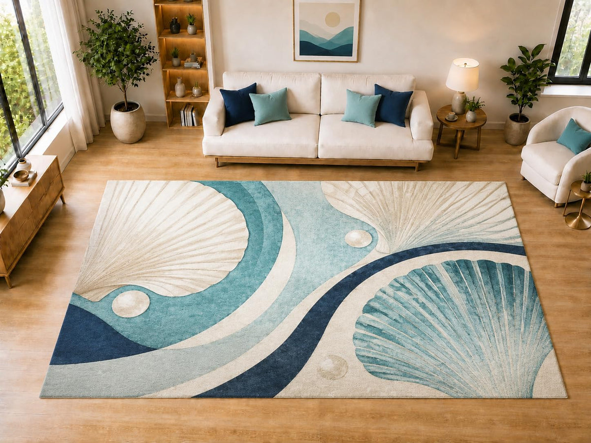ICE ARMOR "Ultra Light Weight Large 6'7" x 9'10" Modern Seashell Wave Area Rug for Living Room, Bedroom, Dining Room, Soft Low Pile Non-Slip Backing, Teal Navy