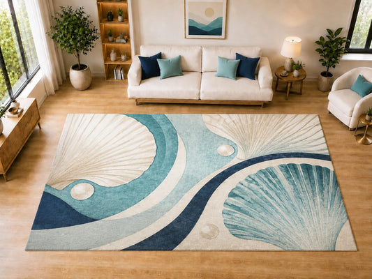 ICE ARMOR "Ultra Light Weight Large 6'7" x 9'10" Modern Seashell Wave Area Rug for Living Room, Bedroom, Dining Room, Soft Low Pile Non-Slip Backing, Teal Navy