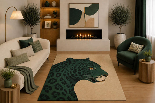 ICE ARMOR "Ultra Light Weight 5' x 7' Emerald Green Leopard Area Rug Minimalist Boho Big Cat Wildlife Art for Living Room Bedroom Office Non-Slip Silicone Backing Low Pile
