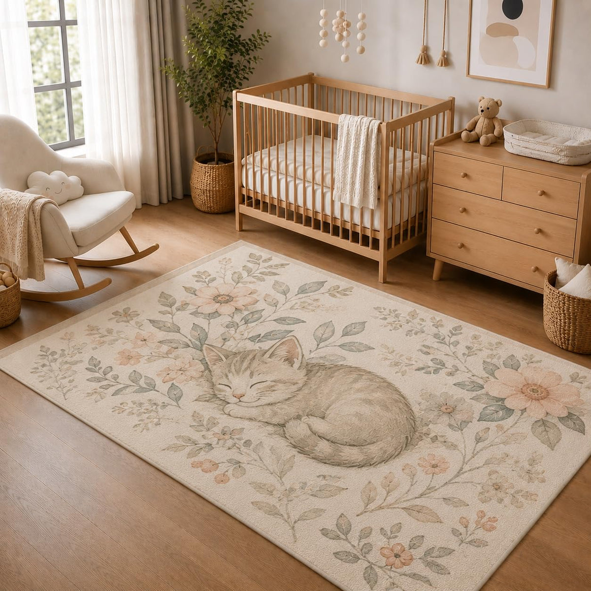 ICE ARMOR 5' x 7' Sleeping Kitten Floral Area Rug, Soft Low Pile Indoor Rug with Non-Slip Silicone Backing, Cozy Nursery Carpet for Bedroom, Kids Room, Playroom, Kids and Pets, Cream Pink