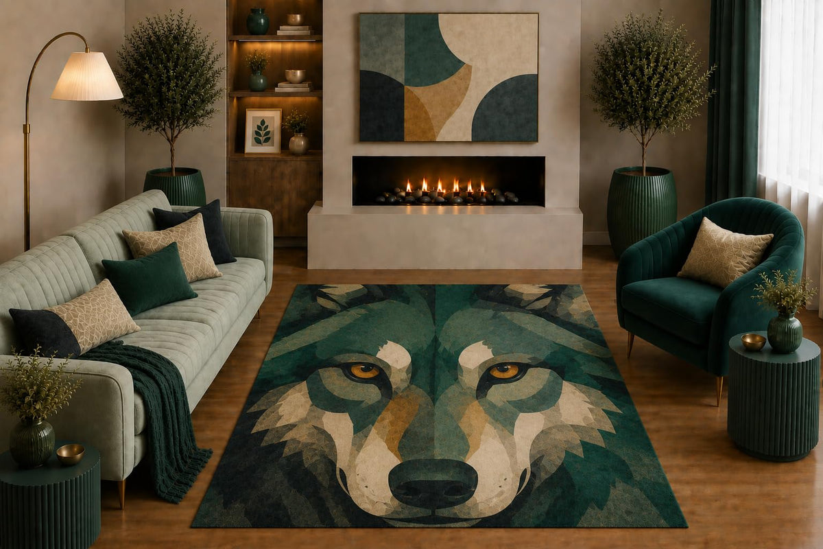 ICE ARMOR "Ultra Light Weight 5' x 7' Geometric Wolf Area Rug Abstract Wildlife Portrait in Teal for Living Room Bedroom Office Cabin Decor Non-Slip Silicone Backing Low Pile