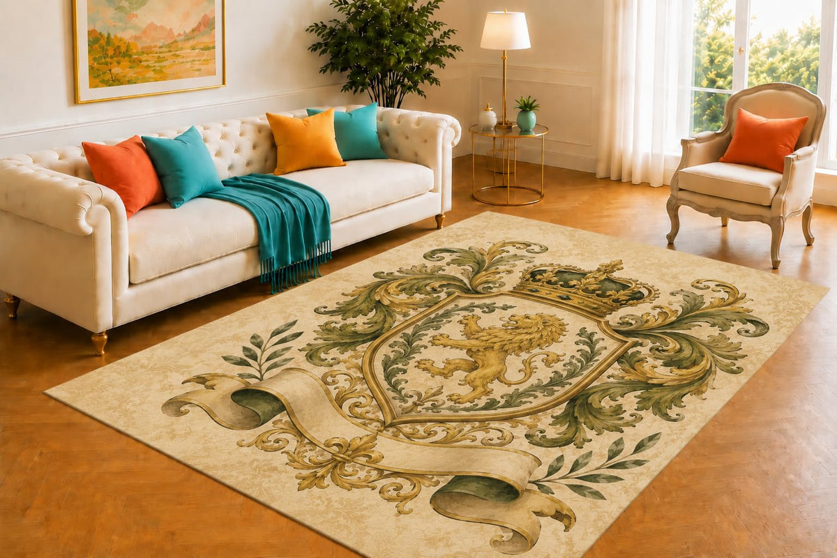 ICE ARMOR 5' x 7' Regal Heraldic Lion Crest Area Rug, Soft Low Pile Non-Slip Indoor Carpet for Living Room, Office, Library, Entryway and Classic European Style Home Decor, Beige