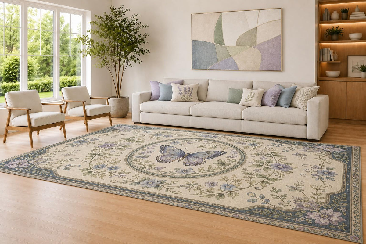ICE ARMOR Large 6'7" x 9'10" Blue and Cream Butterfly Medallion Area Rug for Living Room, Soft Low Pile Carpet with Non-Slip Silicone Backing, Decor for Bedroom and Home Office