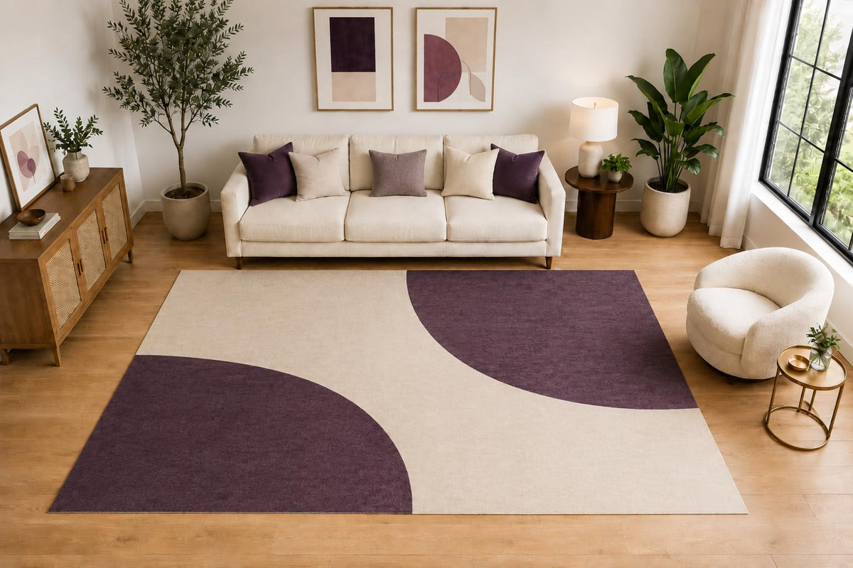 ICE ARMOR Large 6'7" x 9'10" Minimal Quarter Circle Area Rug for for Bedroom, Living Room, Soft Low Pile Indoor Rug with Non-Slip Silicone Backing, Plum Ivory