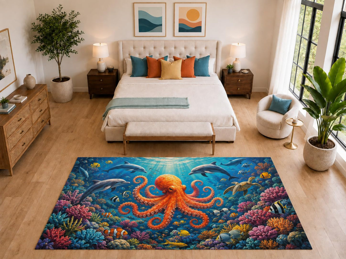 ICE ARMOR "Ultra Light Weight Large 6'7" x 9'10" Octopus Dolphin Reef Rug for Kids Room, Soft Low Pile Indoor Rug and Non-Slip Silicone Backing, Blue