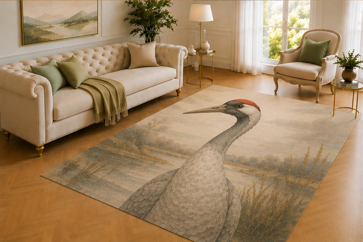 ICE ARMOR 5' x 7' Crane Rug, Elegant Wetland Bird Among Reeds and Calm Water, Soft Printed Floor Cover for Living Room, Bedroom, Office and Nature Home Decor
